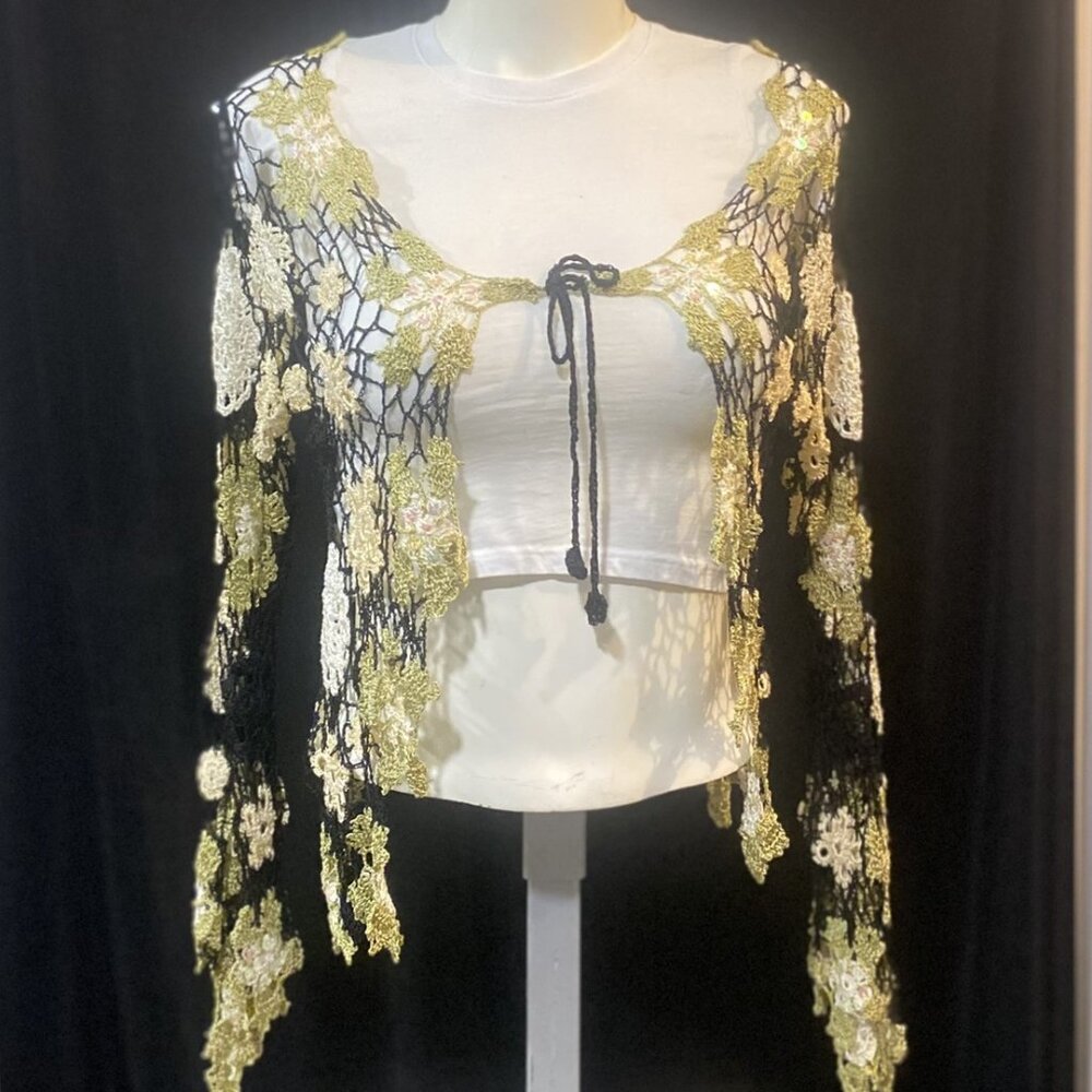 TN Designs Artisan Crochet Bolero Shrug - Elegant Black & Gold - Size S/M